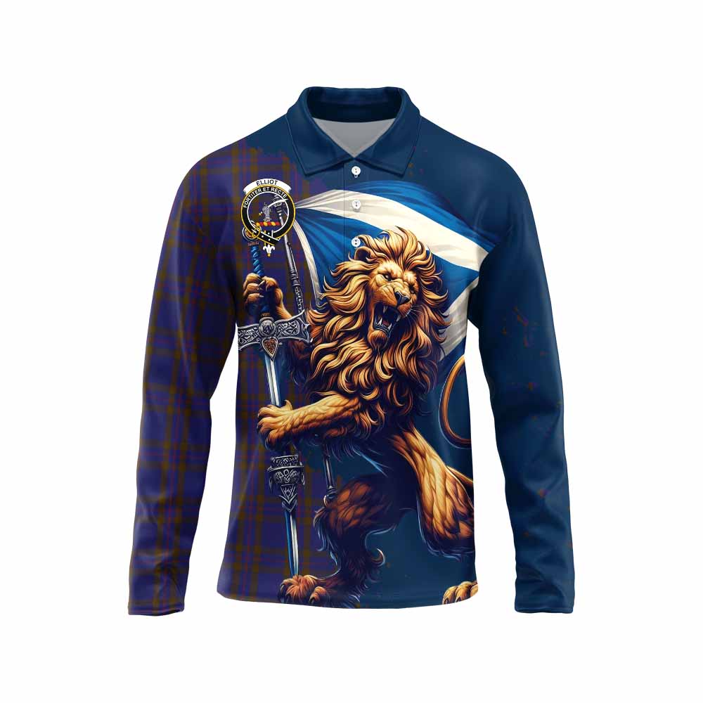 Tartan Vibes Clothing Elliot Tartan Family Crest Long Sleeve Polo Shirt with Scottish Majestic Lion