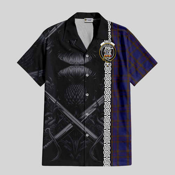 Elliot Tartan Short Sleeve Button Shirt with Family Crest Cross Sword Thistle Celtic Vibes