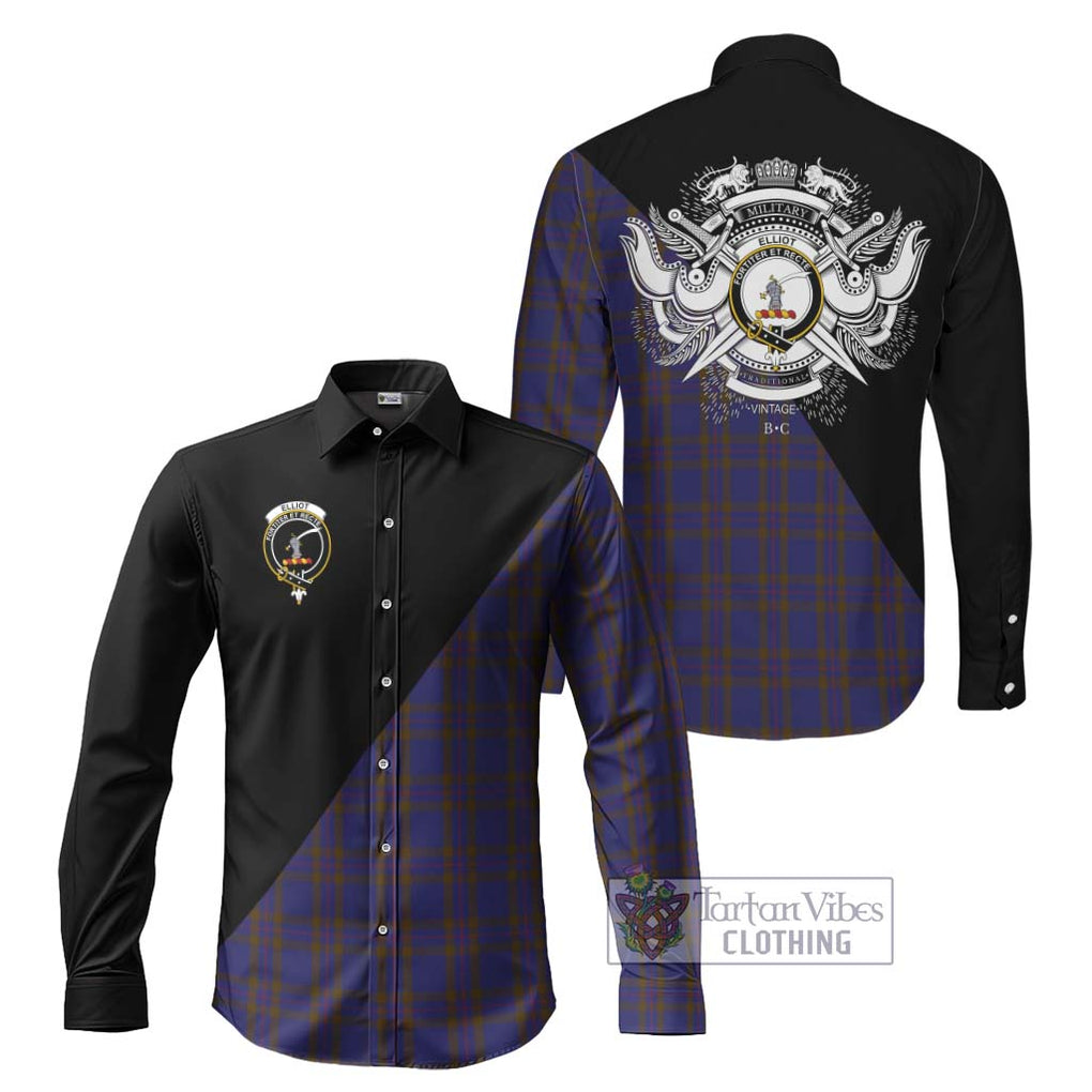 Elliot Tartan Long Sleeve Button Shirt with Family Crest and Military Logo Style Men's Shirt S - Tartanvibesclothing Shop