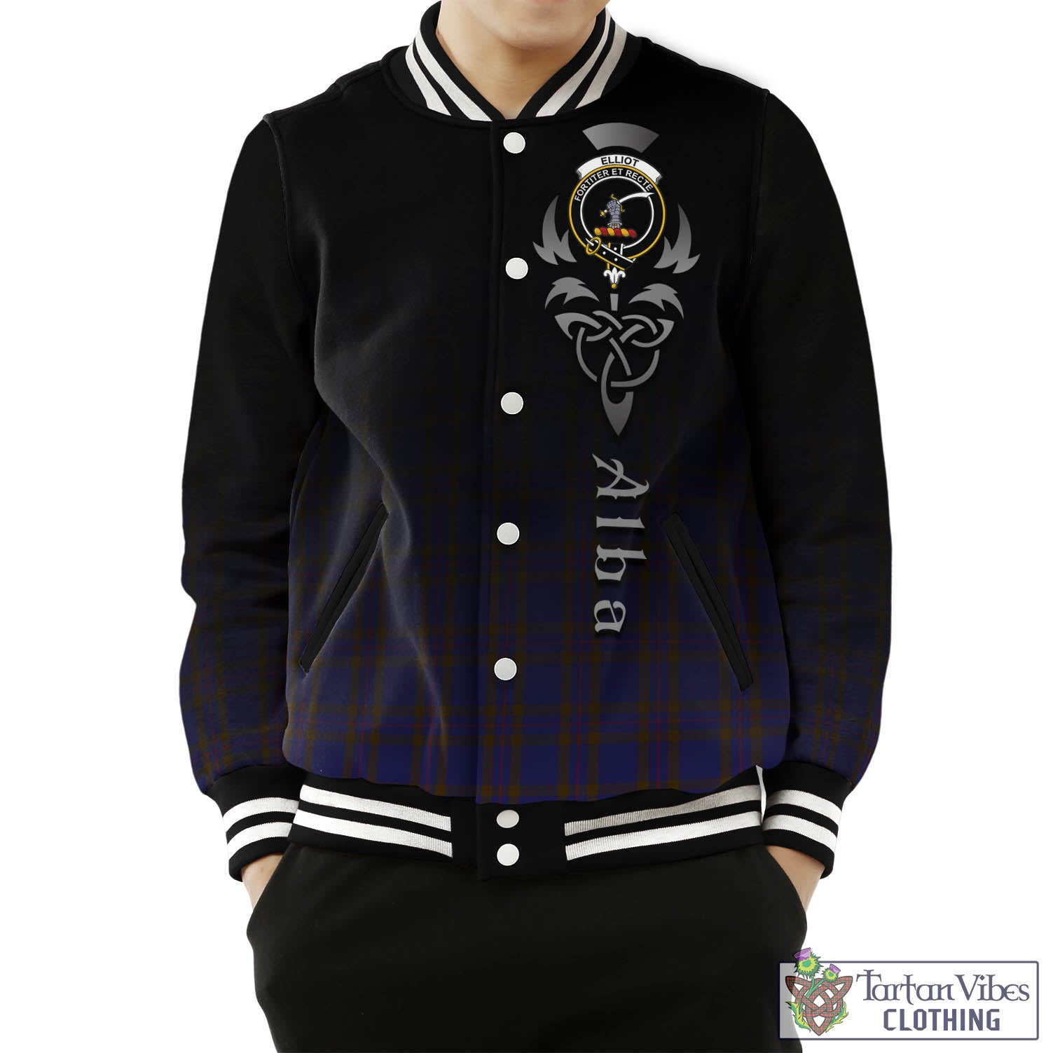 Tartan Vibes Clothing Elliot Tartan Baseball Jacket Featuring Alba Gu Brath Family Crest Celtic Inspired