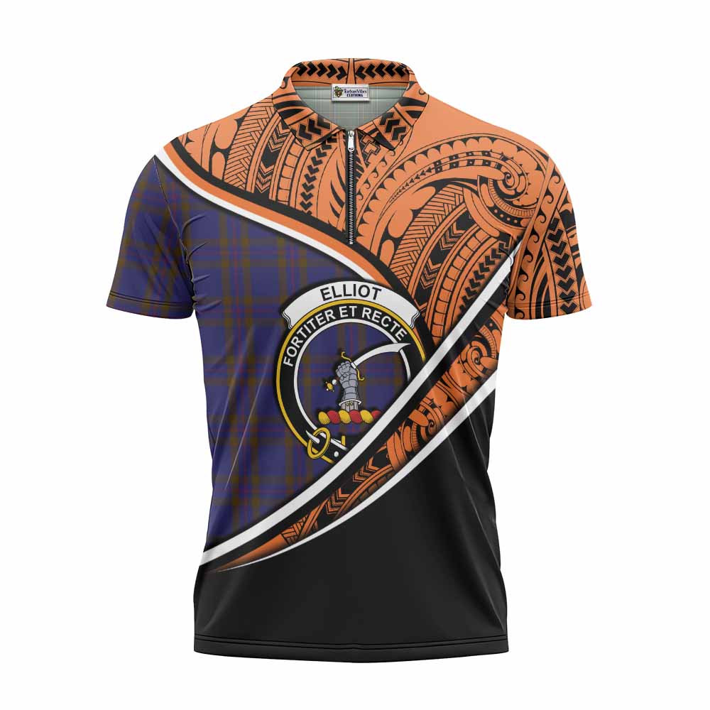 Tartan Vibes Clothing Elliot Crest Tartan Zipper Polo Shirt with Maori Tattoo Style - Orange Version