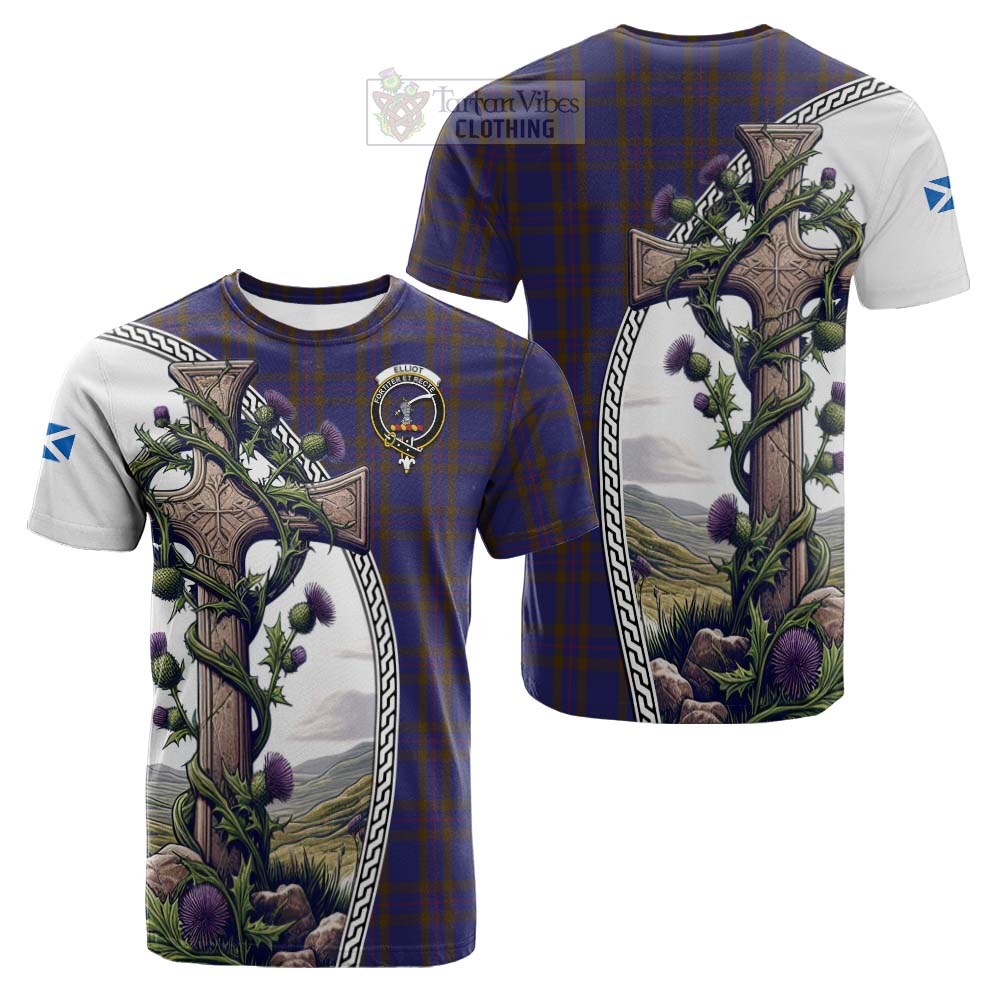 Tartan Vibes Clothing Elliot Tartan Cotton T-shirt with Family Crest and St. Andrew's Cross Accented by Thistle Vines