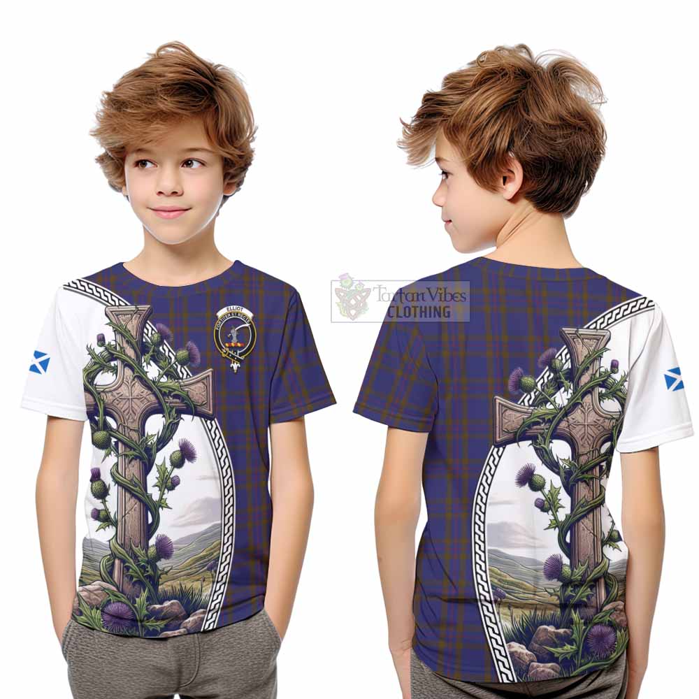 Tartan Vibes Clothing Elliot Tartan Kid T-Shirt with Family Crest and St. Andrew's Cross Accented by Thistle Vines