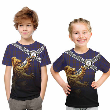Elliot Crest Tartan Kid T-Shirt with Golden Lion Emblem Celtic Style Youth XL Size14 - Tartan Vibes Clothing