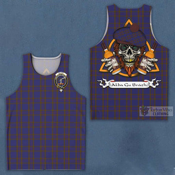 Elliot Tartan Men's Tank Top with Family Crest and Bearded Skull Holding Bottles of Whiskey