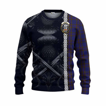 Elliot Tartan Knitted Sweater with Family Crest Cross Sword Thistle Celtic Vibes