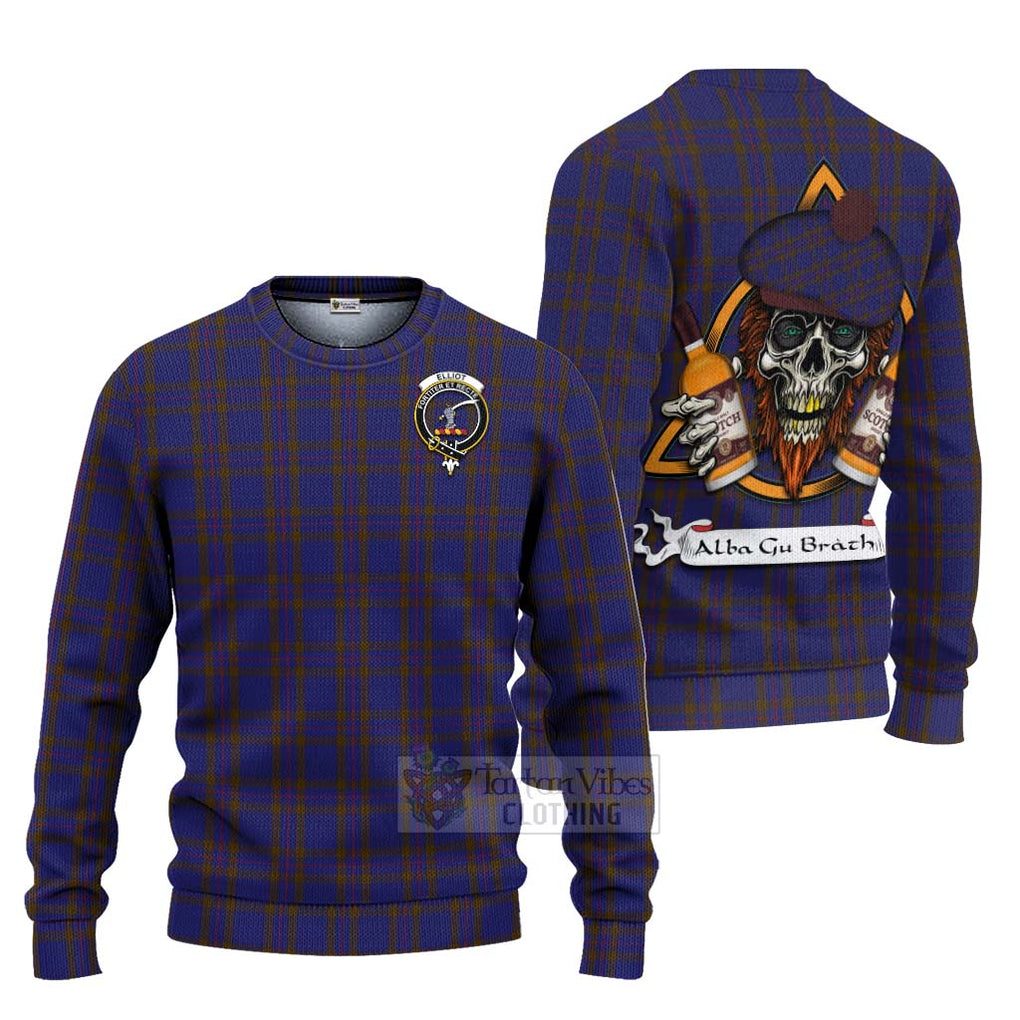 Tartan Vibes Clothing Elliot Tartan Knitted Sweater with Family Crest and Bearded Skull Holding Bottles of Whiskey