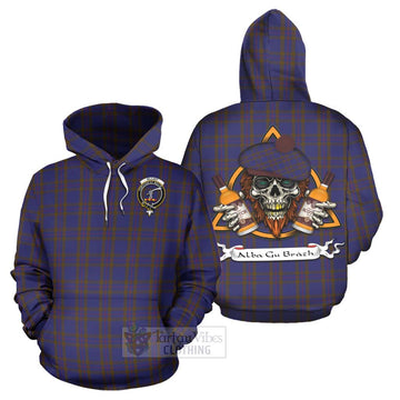 Elliot Tartan Hoodie with Family Crest and Bearded Skull Holding Bottles of Whiskey