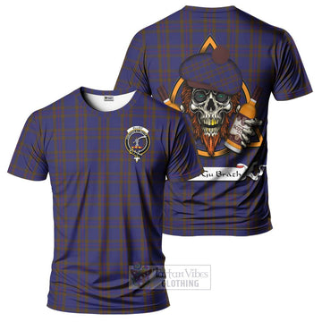 Elliot Tartan T-Shirt with Family Crest and Bearded Skull Holding Bottles of Whiskey