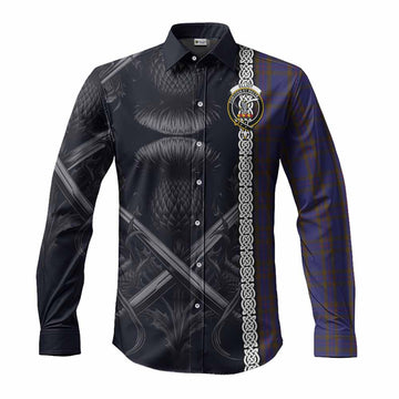 Elliot Tartan Long Sleeve Button Shirt with Family Crest Cross Sword Thistle Celtic Vibes