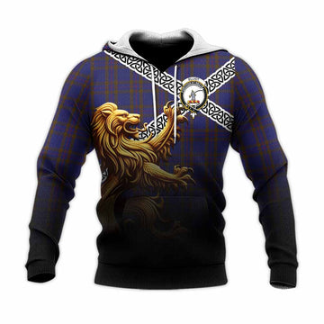 Elliot Crest Tartan Knitted Hoodie with Golden Lion Emblem Celtic Style Unisex Knitted Pullover Hoodie - Tartan Vibes Clothing