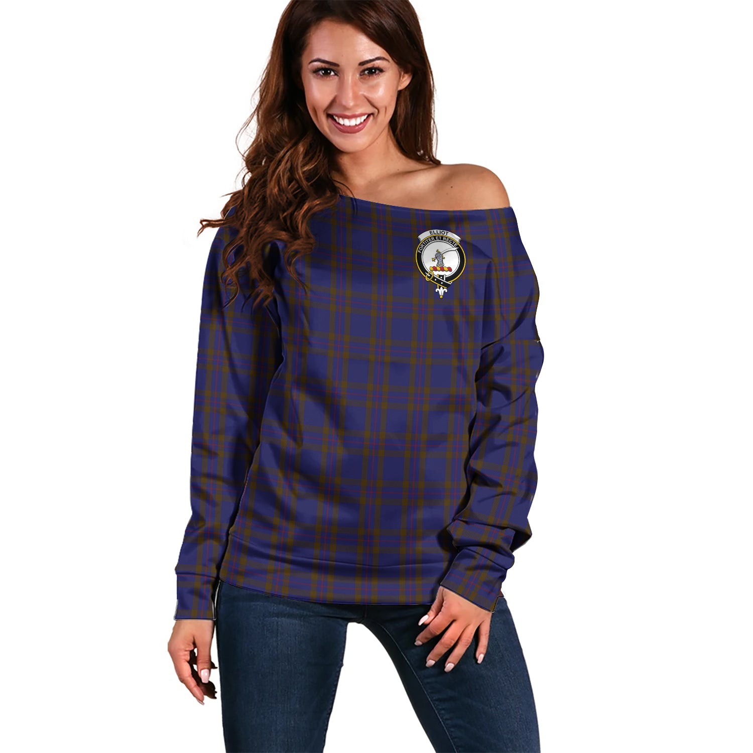 Elliot Tartan Off Shoulder Women Sweater with Family Crest Women - Tartanvibesclothing