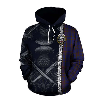 Elliot Tartan Cotton Hoodie with Family Crest Cross Sword Thistle Celtic Vibes