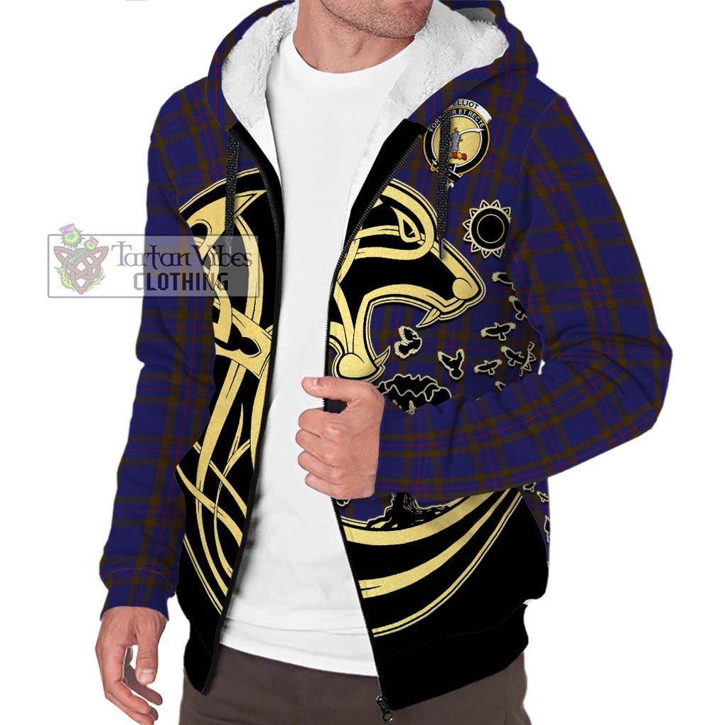 Elliot Tartan Sherpa Hoodie with Family Crest Celtic Wolf Style Unisex S - Tartan Vibes Clothing