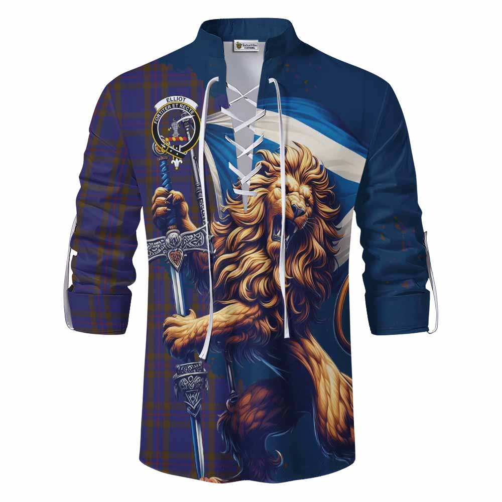 Tartan Vibes Clothing Elliot Tartan Family Crest Ghillie Kilt Shirt with Scottish Majestic Lion