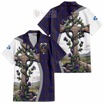 Elliot Tartan Short Sleeve Button Shirt with Family Crest and St. Andrew's Cross Accented by Thistle Vines