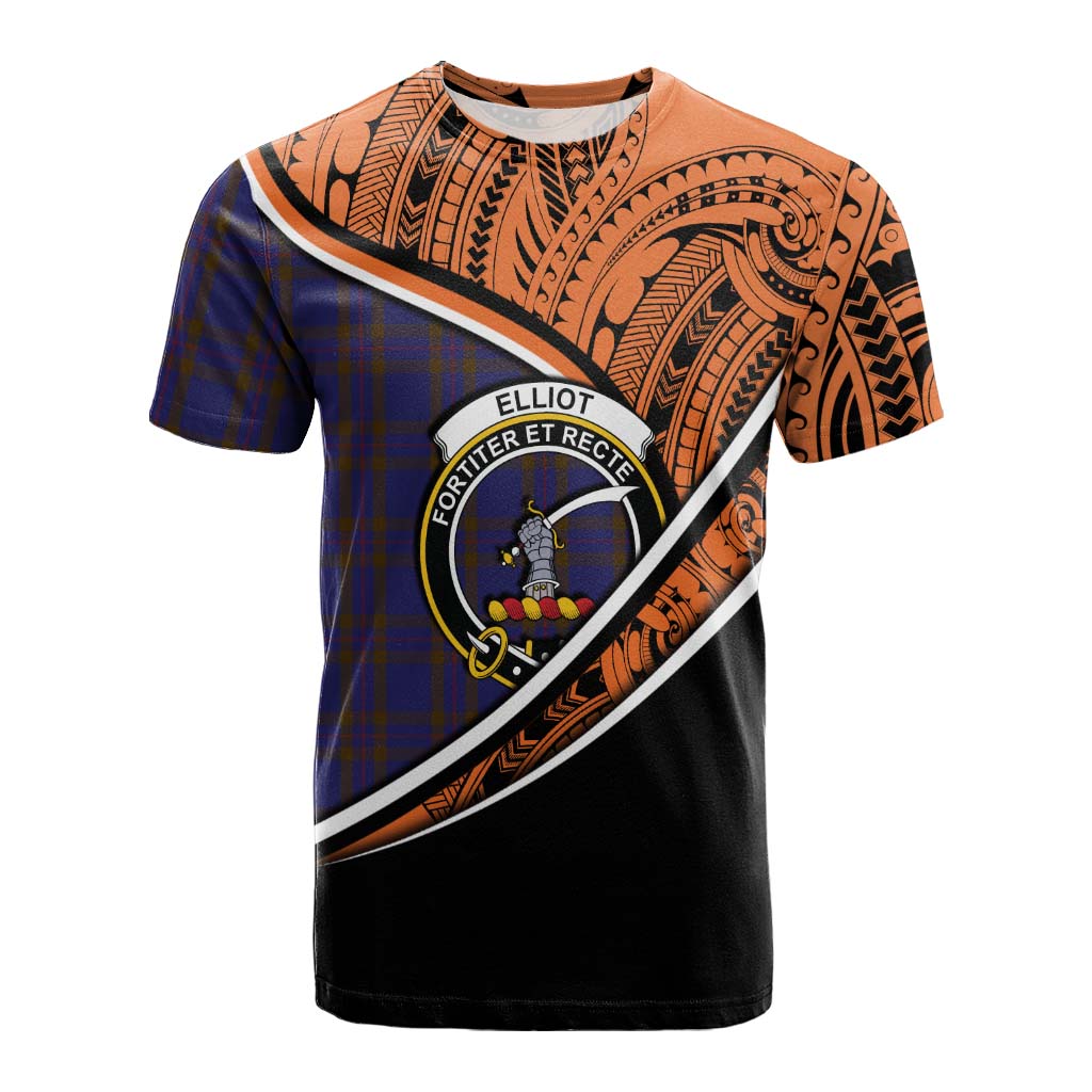 Tartan Vibes Clothing Elliot Crest Tartan Cotton T-shirt with Maori Tattoo Style - Orange Version