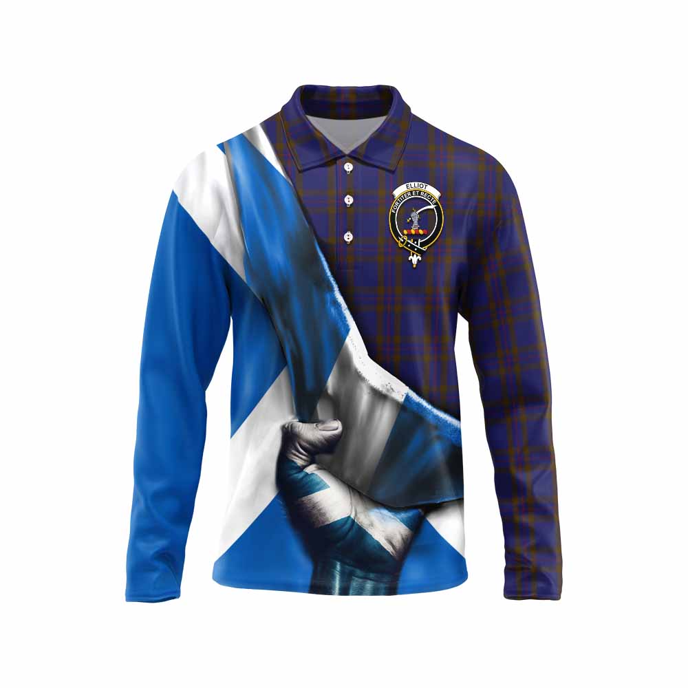 Tartan Vibes Clothing Elliot Tartan Long Sleeve Polo Shirt with Family Crest Scotland Patriotic Style