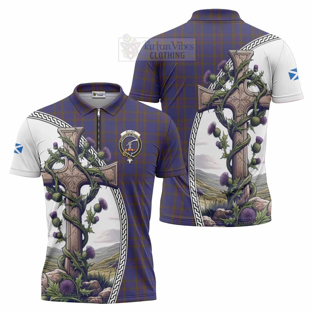 Tartan Vibes Clothing Elliot Tartan Zipper Polo Shirt with Family Crest and St. Andrew's Cross Accented by Thistle Vines