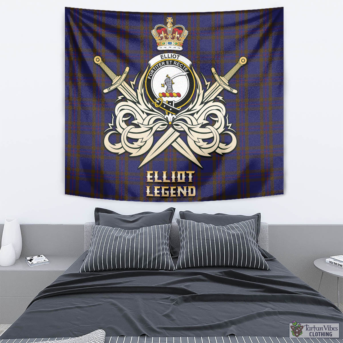 Tartan Vibes Clothing Elliot Tartan Tapestry with Clan Crest and the Golden Sword of Courageous Legacy