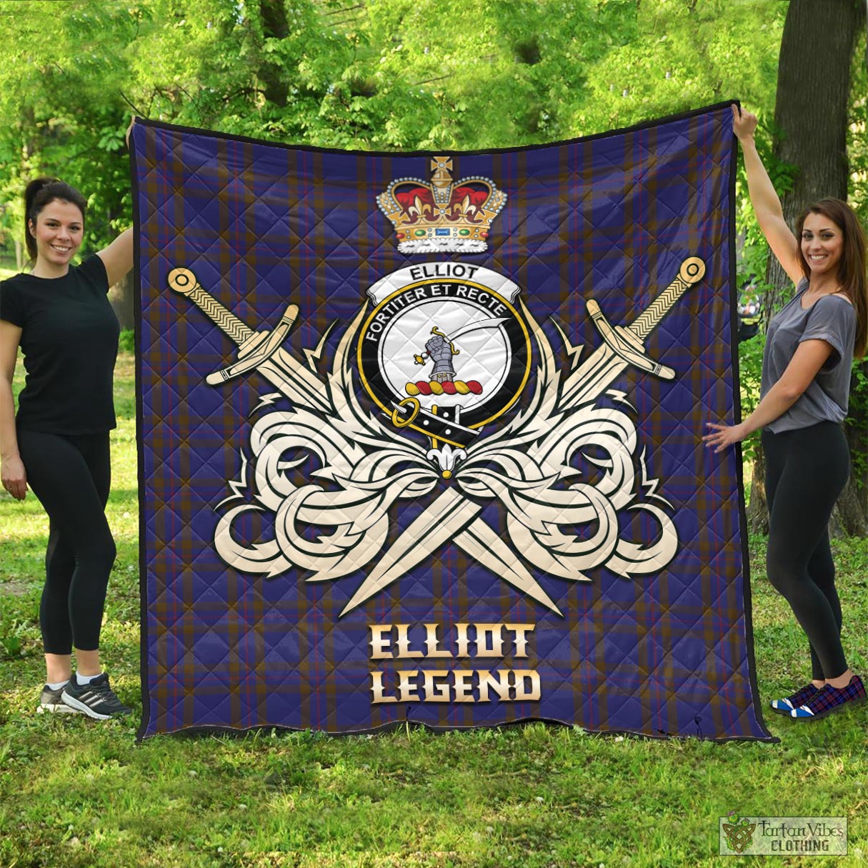 Tartan Vibes Clothing Elliot Tartan Quilt with Clan Crest and the Golden Sword of Courageous Legacy