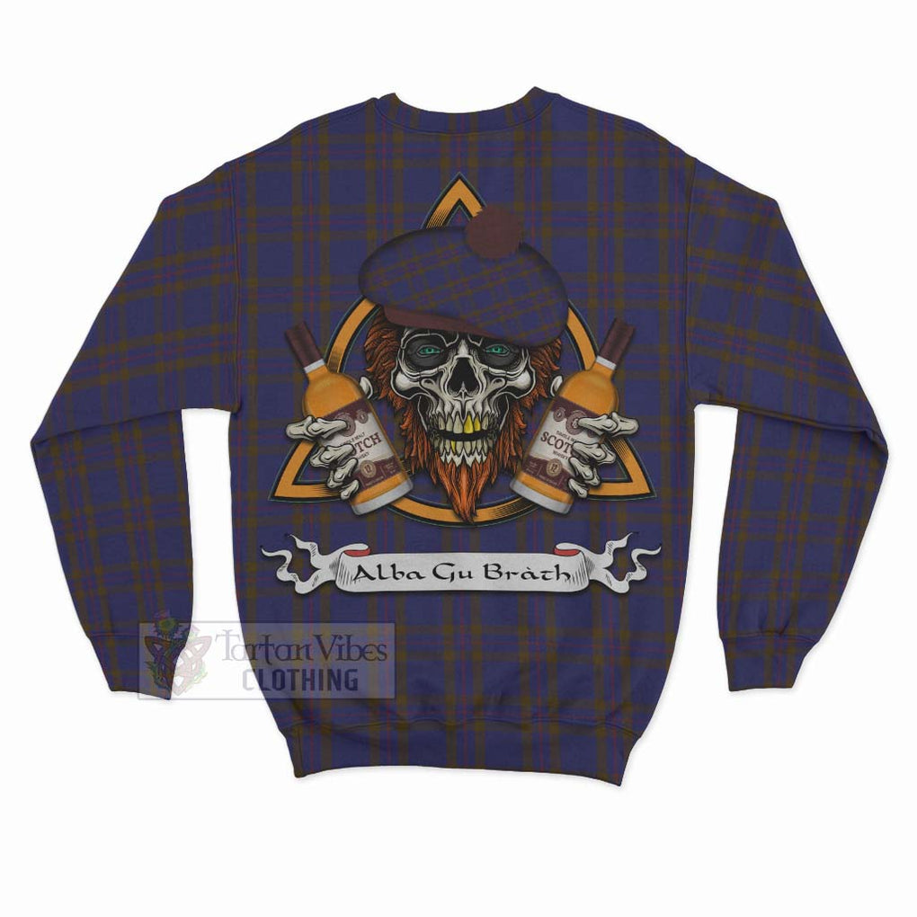 Tartan Vibes Clothing Elliot Tartan Sweatshirt with Family Crest and Bearded Skull Holding Bottles of Whiskey