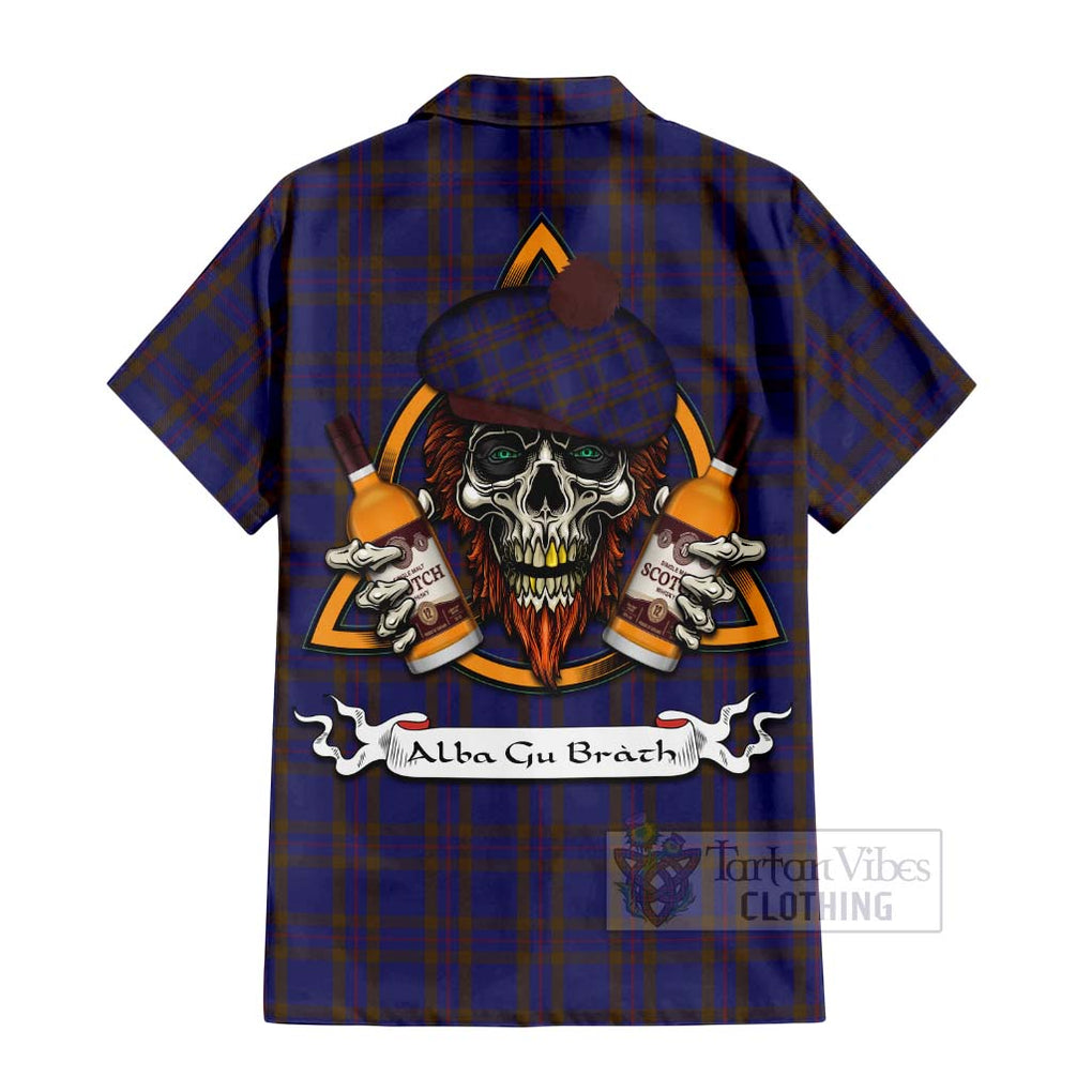 Tartan Vibes Clothing Elliot Tartan Short Sleeve Button Shirt with Family Crest and Bearded Skull Holding Bottles of Whiskey