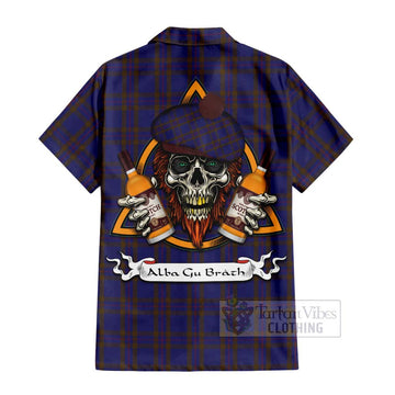 Elliot Tartan Short Sleeve Button Shirt with Family Crest and Bearded Skull Holding Bottles of Whiskey