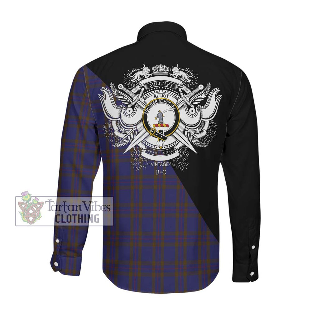 Elliot Tartan Long Sleeve Button Shirt with Family Crest and Military Logo Style Men's Shirt - Tartanvibesclothing Shop