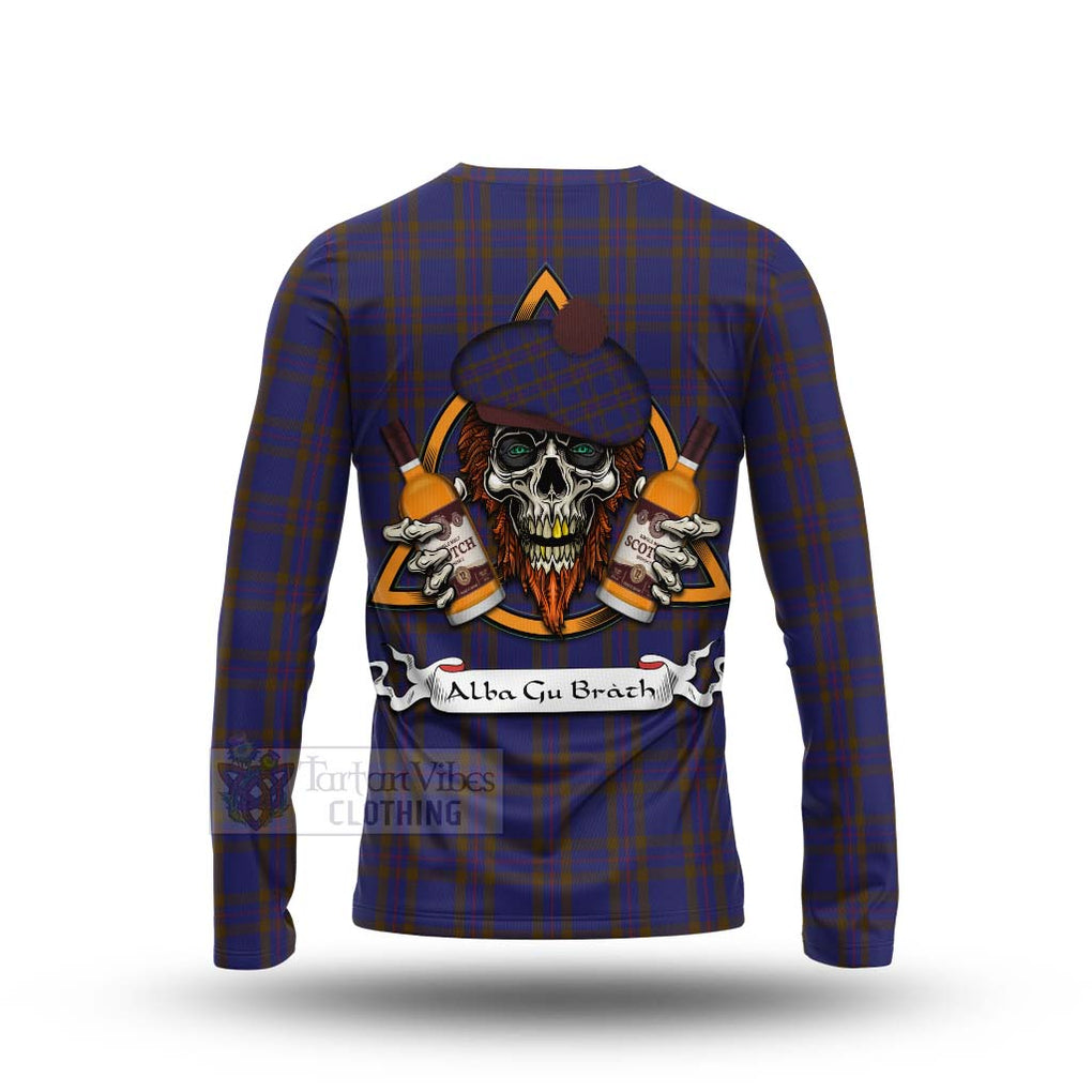 Tartan Vibes Clothing Elliot Tartan Long Sleeve T-Shirt with Family Crest and Bearded Skull Holding Bottles of Whiskey