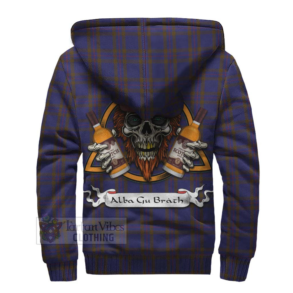 Tartan Vibes Clothing Elliot Tartan Sherpa Hoodie with Family Crest and Bearded Skull Holding Bottles of Whiskey