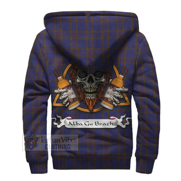 Elliot Tartan Sherpa Hoodie with Family Crest and Bearded Skull Holding Bottles of Whiskey