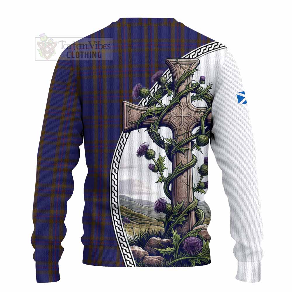 Tartan Vibes Clothing Elliot Tartan Knitted Sweater with Family Crest and St. Andrew's Cross Accented by Thistle Vines