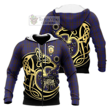 Elliot Tartan Knitted Hoodie with Family Crest Celtic Wolf Style