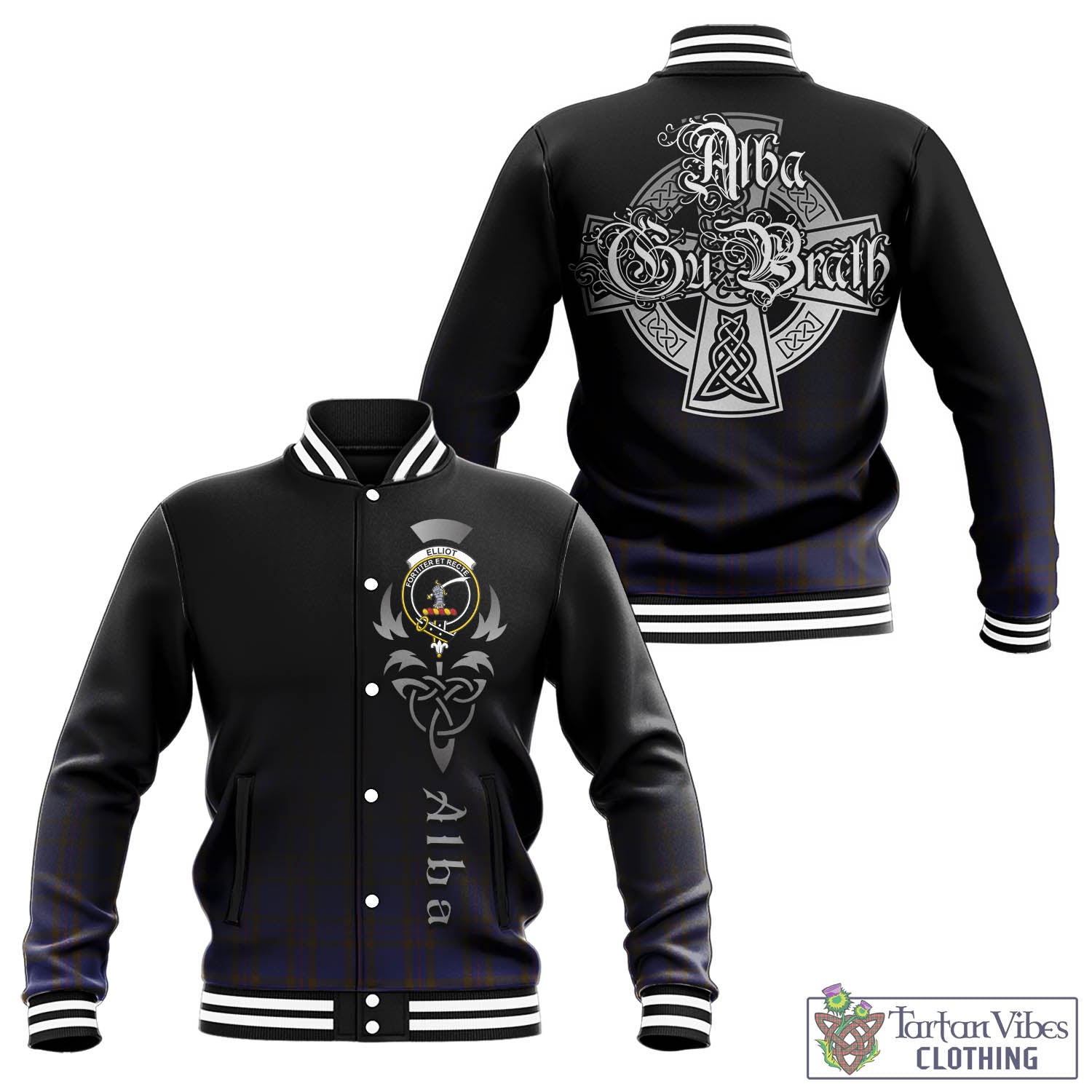 Tartan Vibes Clothing Elliot Tartan Baseball Jacket Featuring Alba Gu Brath Family Crest Celtic Inspired