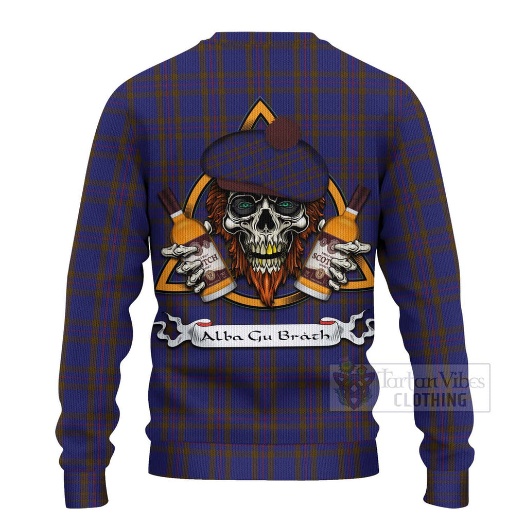 Tartan Vibes Clothing Elliot Tartan Knitted Sweater with Family Crest and Bearded Skull Holding Bottles of Whiskey