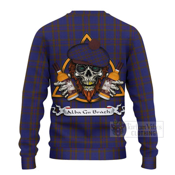 Elliot Tartan Ugly Sweater with Family Crest and Bearded Skull Holding Bottles of Whiskey