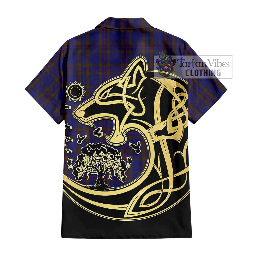 Elliot Tartan Short Sleeve Button Shirt with Family Crest Celtic Wolf Style - Tartan Vibes Clothing