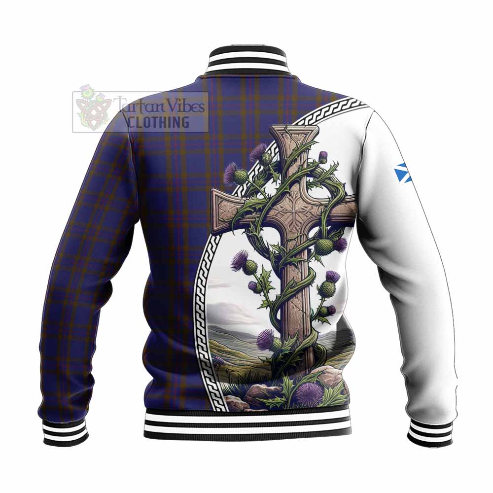 Tartan Vibes Clothing Elliot Tartan Baseball Jacket with Family Crest and St. Andrew's Cross Accented by Thistle Vines