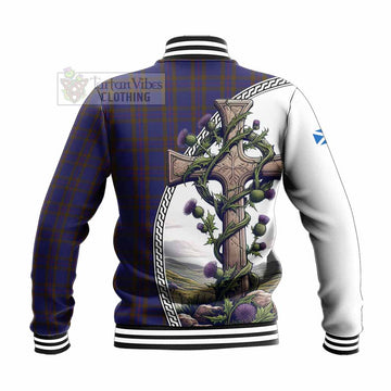 Elliot Tartan Baseball Jacket with Family Crest and St. Andrew's Cross Accented by Thistle Vines