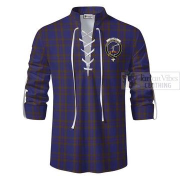 Elliot Tartan Ghillie Kilt Shirt with Family Crest and Bearded Skull Holding Bottles of Whiskey