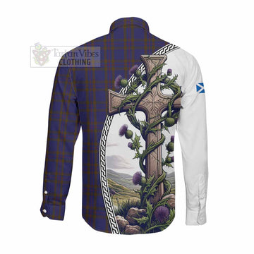 Elliot Tartan Long Sleeve Button Shirt with Family Crest and St. Andrew's Cross Accented by Thistle Vines