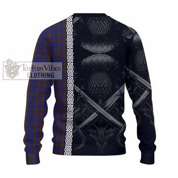 Elliot Tartan Knitted Sweater with Family Crest Cross Sword Thistle Celtic Vibes