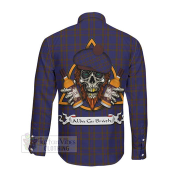 Elliot Tartan Long Sleeve Button Shirt with Family Crest and Bearded Skull Holding Bottles of Whiskey