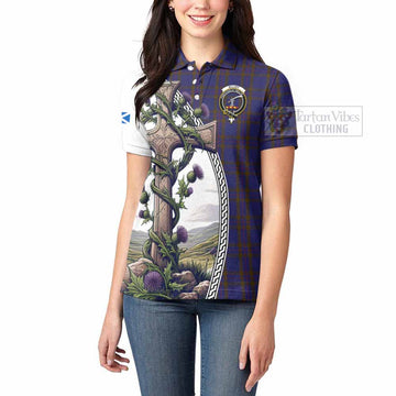 Elliot Tartan Women's Polo Shirt with Family Crest and St. Andrew's Cross Accented by Thistle Vines