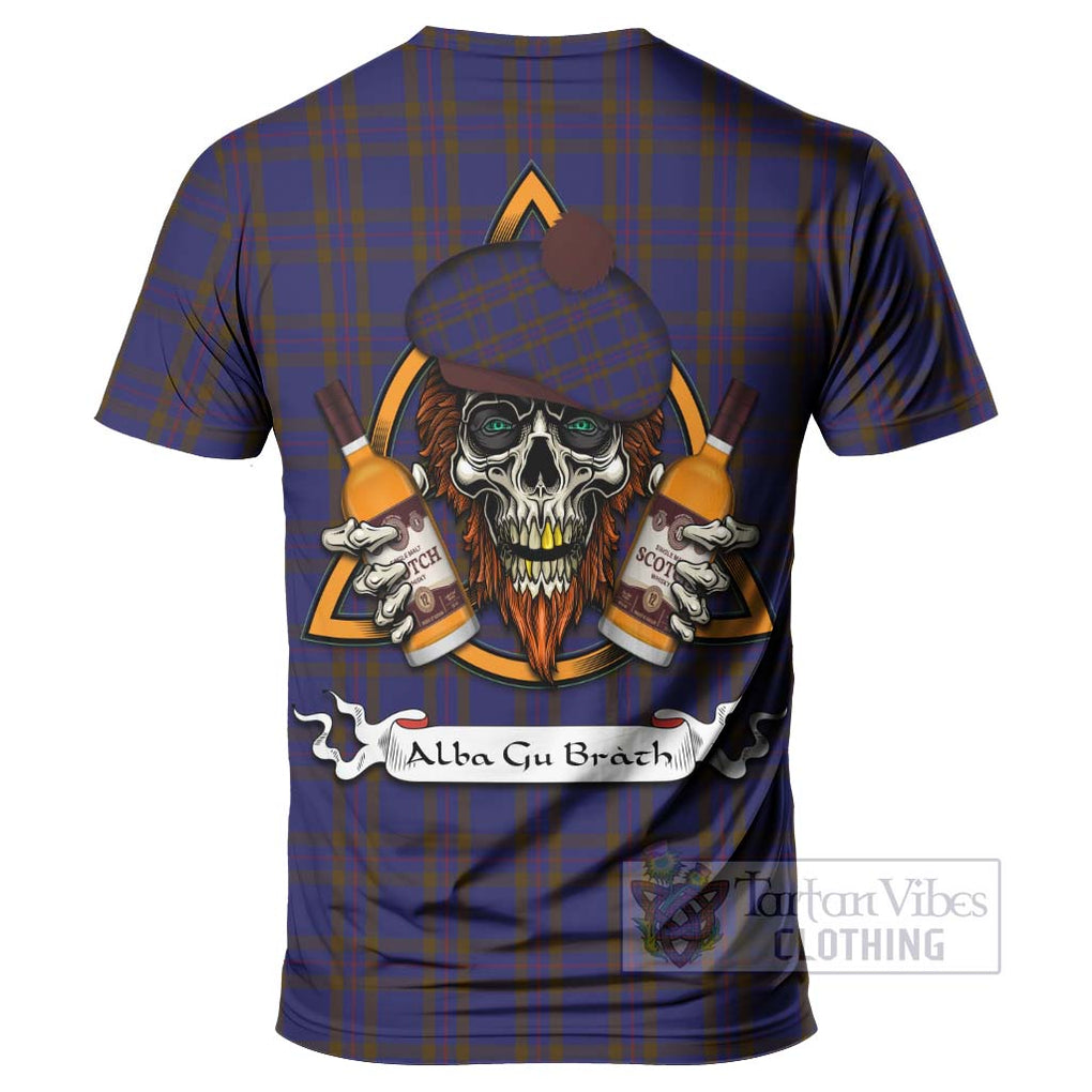 Tartan Vibes Clothing Elliot Tartan T-Shirt with Family Crest and Bearded Skull Holding Bottles of Whiskey