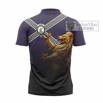Elliot Crest Tartan Zipper Polo Shirt with Golden Lion Emblem Celtic Style - Tartan Vibes Clothing