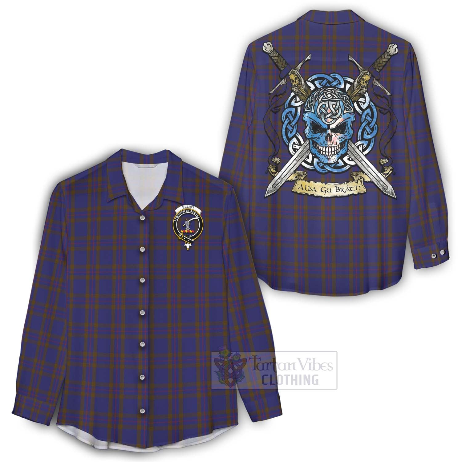 Tartan Vibes Clothing Elliot Tartan Women's Casual Shirt with Family Crest Celtic Skull Style