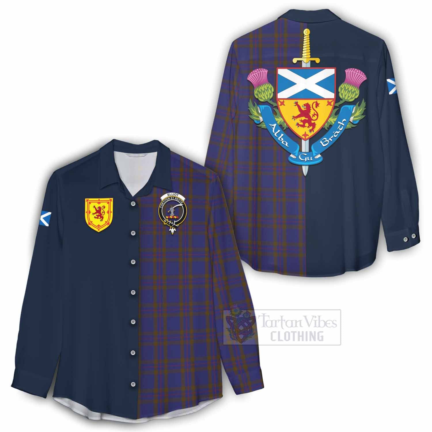 Tartan Vibes Clothing Elliot Tartan Women's Casual Shirt Alba with Scottish Lion Royal Arm Half Style