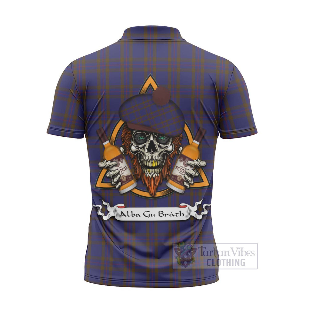 Tartan Vibes Clothing Elliot Tartan Zipper Polo Shirt with Family Crest and Bearded Skull Holding Bottles of Whiskey